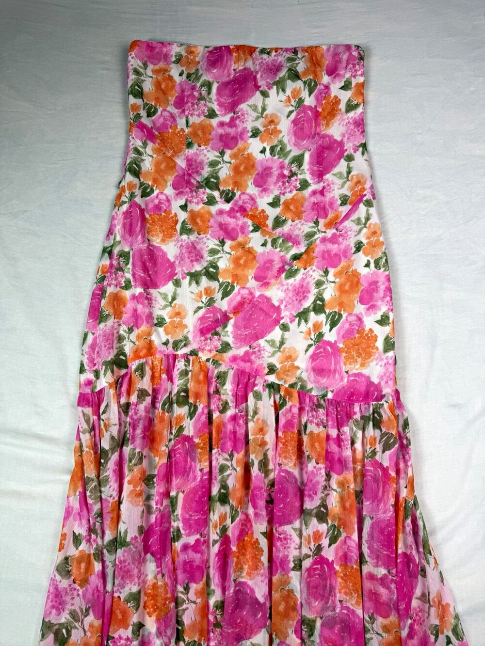 12th Tribe Chiffon Floral Maxi Skirt Pink/Orange/Green/White L Lined Zip